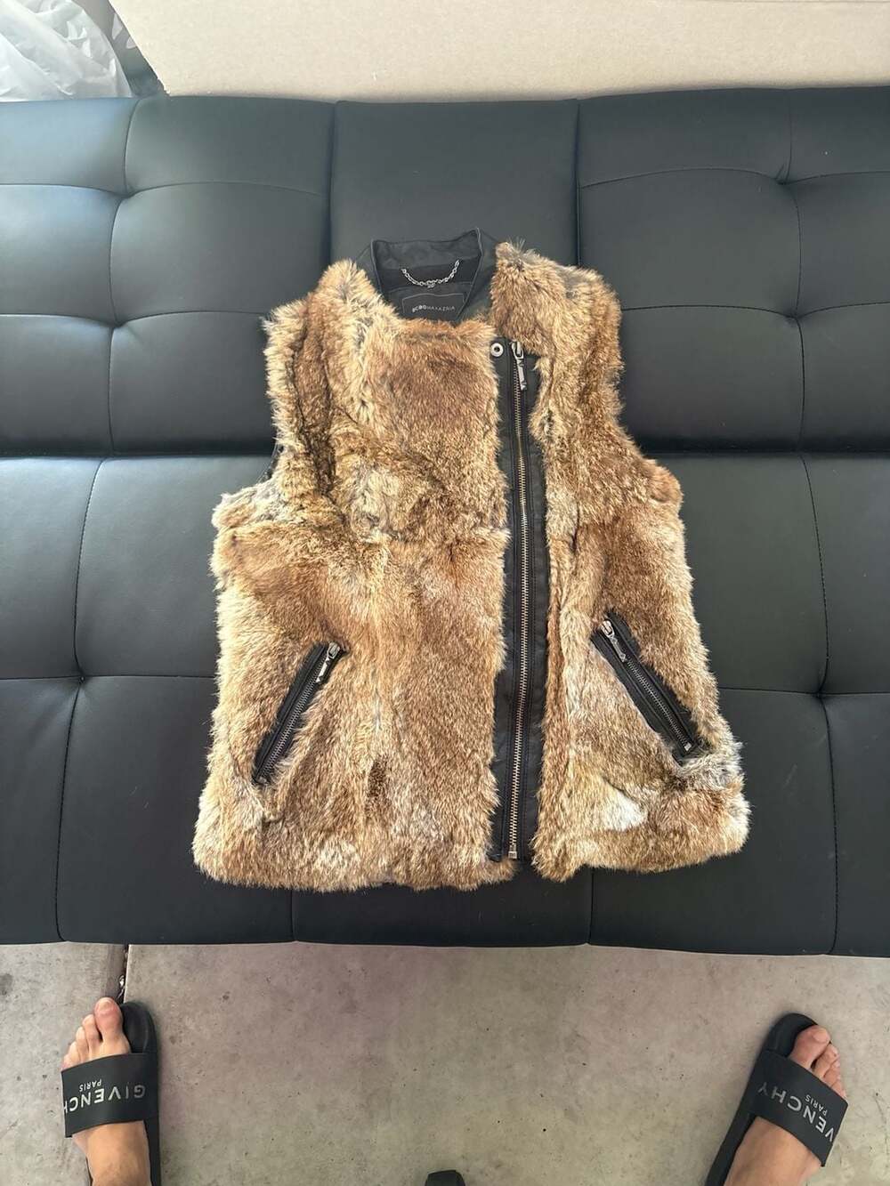 BCBGMAXAZRIA Leather and 100% Authentic Rabbit Fur Moto Vest